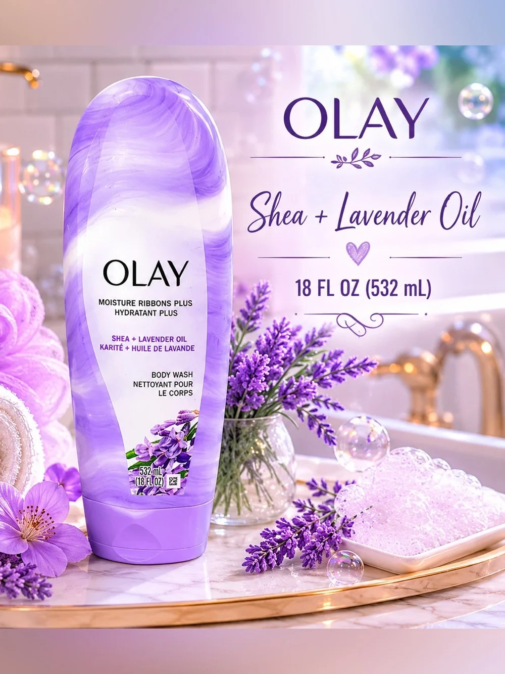 Olay Moisture Ribbons Plus Shea + Lavender Oil Body Wash – 18 fl oz